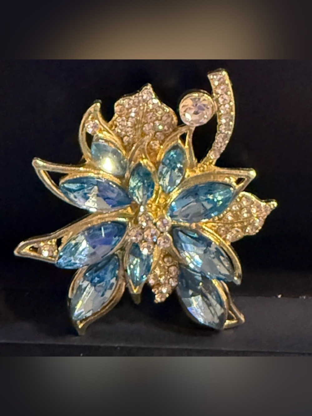 Gold-Tone Blue Crystal Floral Brooch